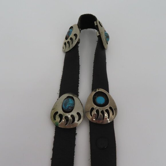 VTG Navajo Bear Paw Shadow Box Concho Belt 60in Long Silver Metal Black Leather